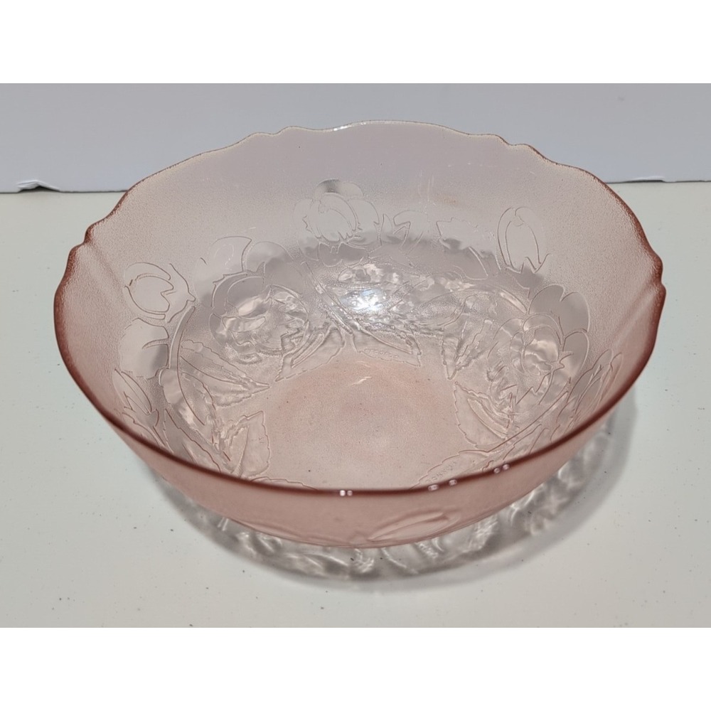 Vintage Pink Arcoroc Rosaline Rose Frosted Bowl Floral Design Luminarc France